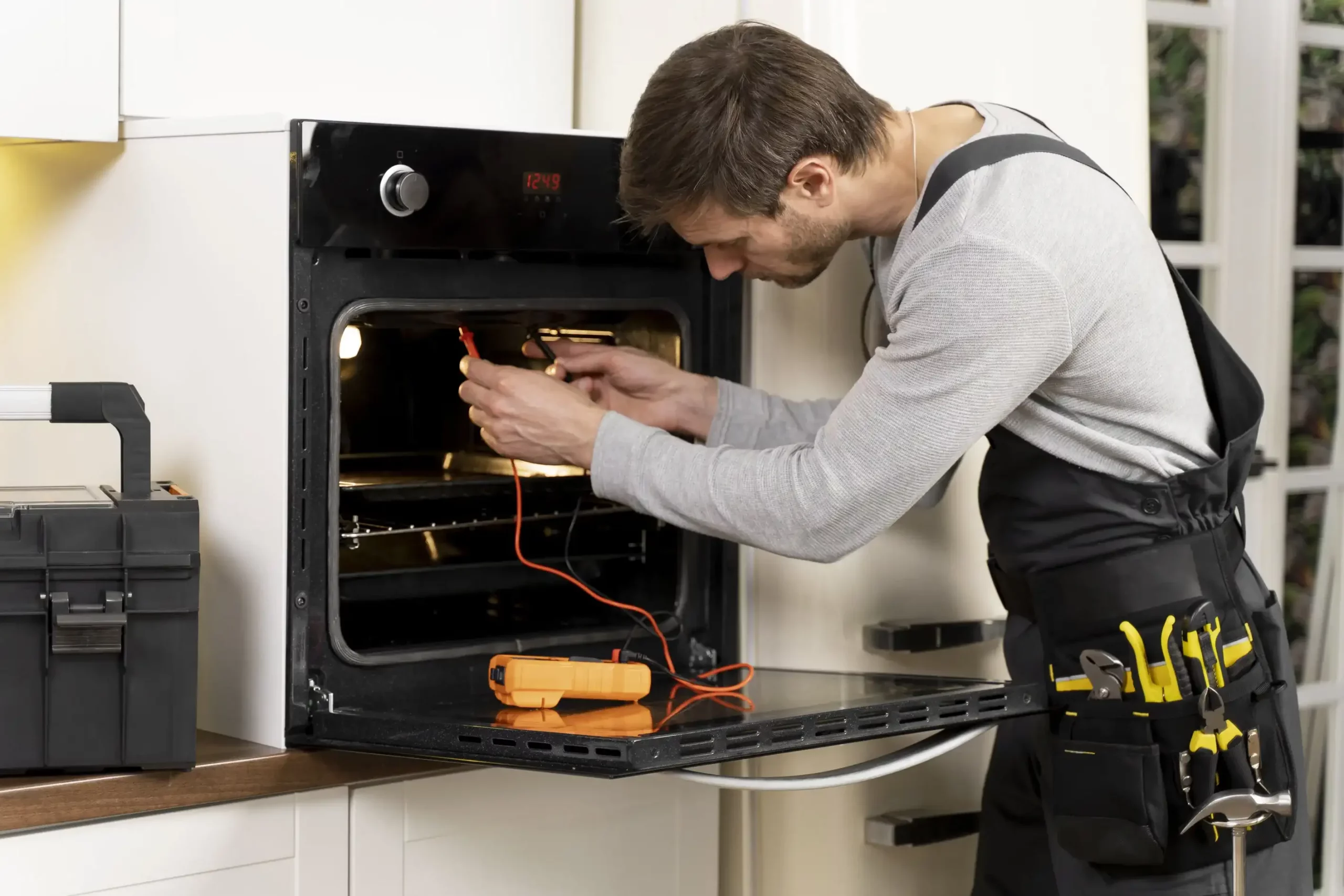 a repairman installing electric oven in Ottawa
