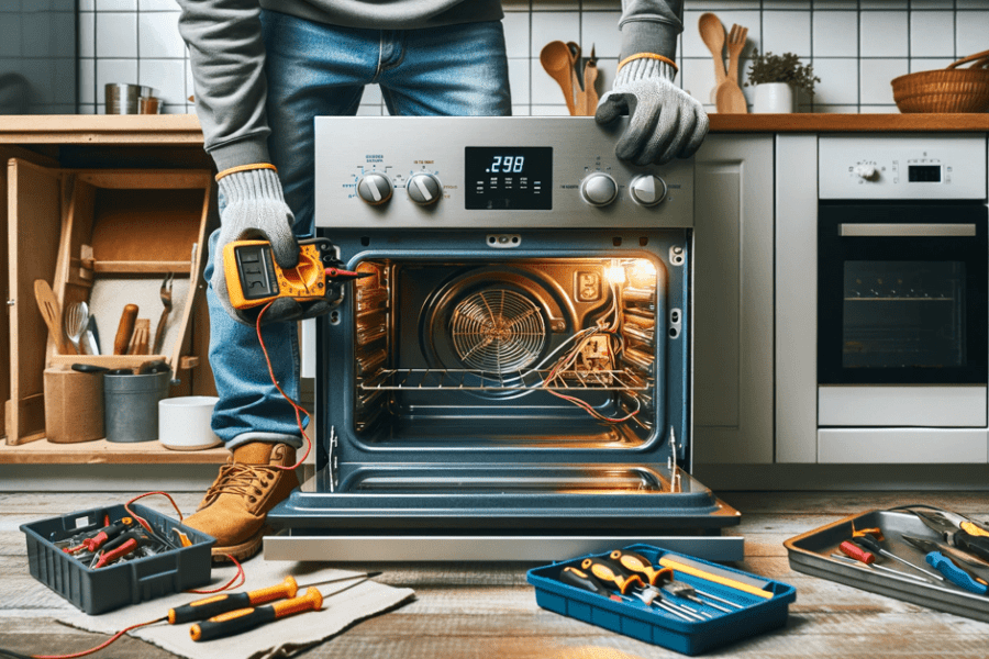 Personne portant des gants isolés réparant un four électrique