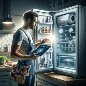 Professional appliance technician from ApplianceTechnician.ca using advanced diagnostic tools to repair a freezer in a modern kitchen setting.