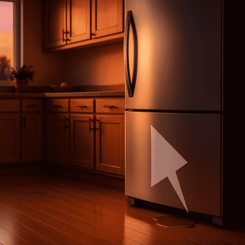 Réfrigérateur au coucher du soleil avec une petite flaque d'eau sur le sol – flèche semi-transparente indiquant la zone de drainage du dégivrage ; image héroïque d'une cuisine d'Ottawa pour la liste de contrôle des fuites du réfrigérateur