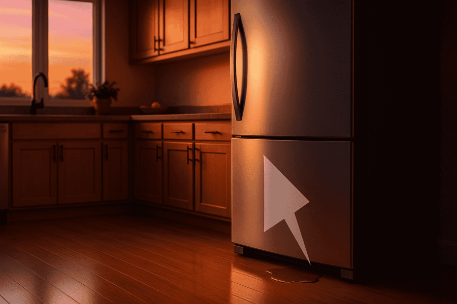 Réfrigérateur au coucher du soleil avec une petite flaque d'eau sur le sol – flèche semi-transparente indiquant la zone de drainage du dégivrage ; image héroïque d'une cuisine d'Ottawa pour la liste de contrôle des fuites du réfrigérateur