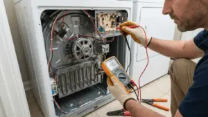 Appliance technician testing a dryer with a multimeter