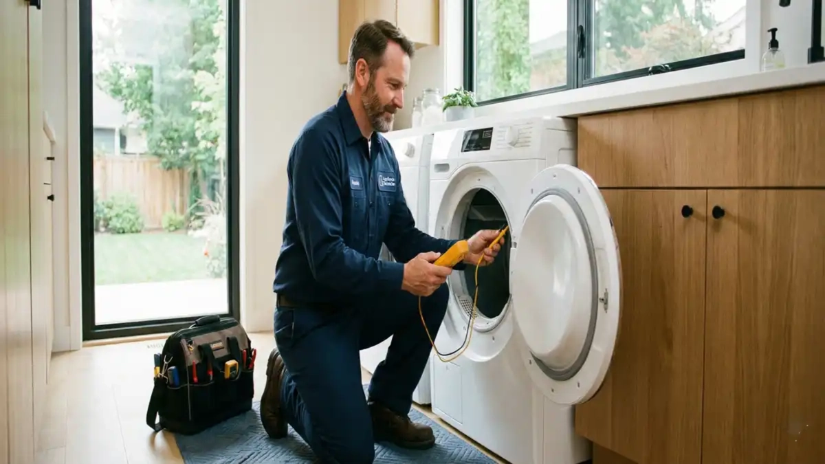 Technician servicing a dryer machine.