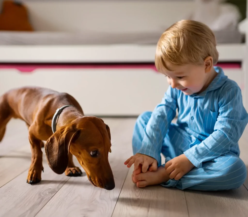 Un chiot et un bébé garçon assis côte à côte dans une pièce (échelle e1696142434246)